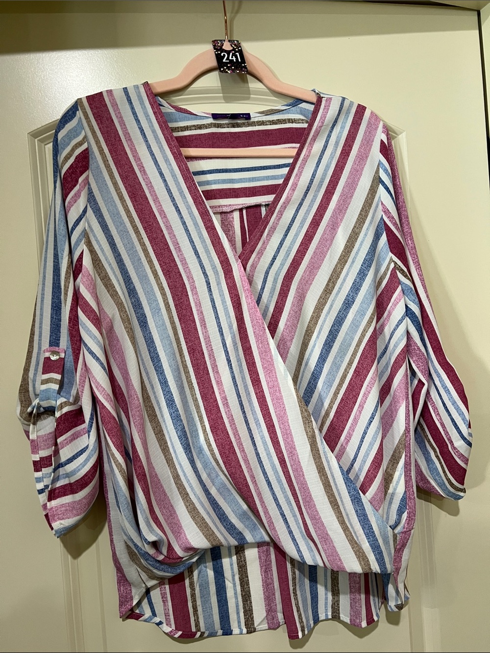 West Kei Striped Wrap-Front Tunic - Pink, Blue & Brown H241